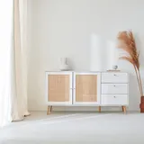 sweeek Sideboard Weiß, Holzeffekt mit Rattangeflecht, 2 Türen 3 Schubladen L 150 cm