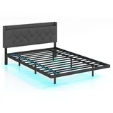 KOMFOTTEU Bettgestell, Metallbett mit LED-Beleuchtung & Ladefunktion grau 140 cm x 208 cm x 87 cm