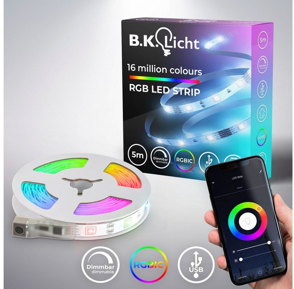 B.K.Licht LED-Streifen Wifi RGBIC USB, 150-flammig, Lichtleiste, mit Musiksensor, smartes LED Band, Selbstklebend weiß