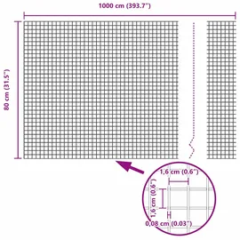 vidaXL Geschweißter Drahtzaun Grau 0,8 x 10 m Stahl