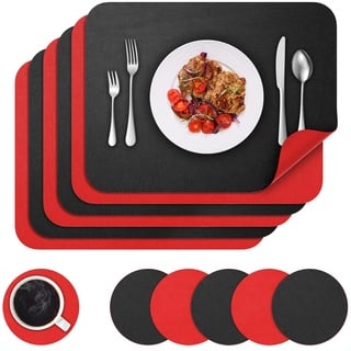 BANNIO Tischsets Abwaschbar, 6er Set Zweifarbig Platzset und Untersetzer, Platzsets abwischbar Tischset leder Platzdeckchen Tischuntersetzer Lederoptik für Hause Küche Restaurant, 41x31cm, Schwarz&Rot