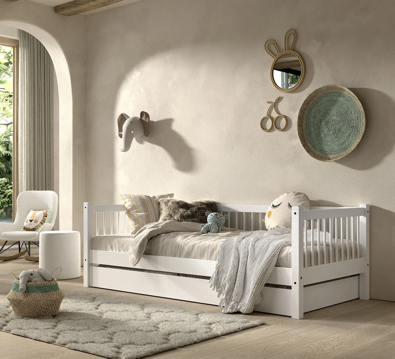 Einzelbett HOME AFFAIRE, weiß (weiß, weiß, weiß), B:97,5cm H:68cm L:207,5cm, Betten, mit LF 90x200 cm, wahlweise mit o. ohne Bettschublade, Buche weiß