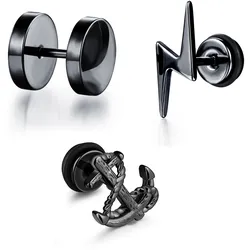 Ohrstecker-Set FIRETTI "Multipack Schmuck Geschenk "Fake Plug" Kreis Anker Blitz", schwarz, Ohrringe, Damen, Edelstahl-Kautschuk, Edelstahl, Kautschuk