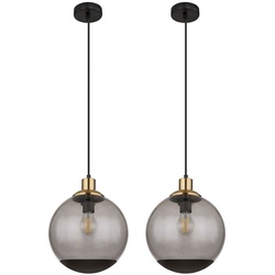 Pendelleuchte Hängelampe Glas modern Rauchglas Hängeleuchte schwarz, Metall Glaskugel messing Retro, 1x E27 Fassung, DxH 25x120 cm, 2er Set