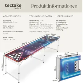 Tectake tectake® Bierpongtisch, aus Aluminium, mit Eisfach, Becherlöchern, LED-Beleuchtung, bodenschonende Kunststofffüße, inklusive 100 Bechern, 6 Bällen und Kartentrinkspiel