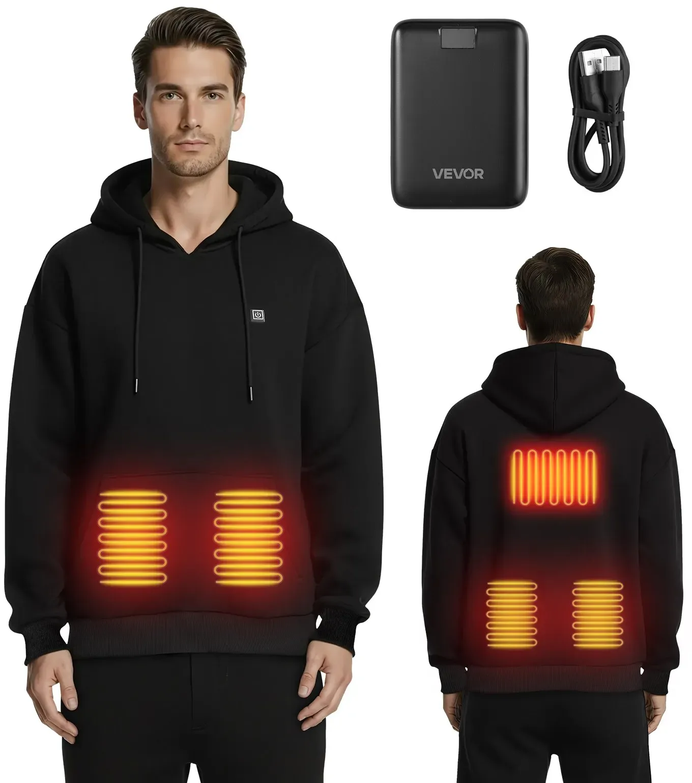 VEVOR Beheizbarer Hoodie, Unisex, Heizpullover mit 7,4 V 16000 mAh wiederaufladbarem Powerbank-Pack, 5 Heizzonen, 3 Temperaturstufen, 4–8 Stunden Wärme, für Winter-Outdoor-Camping, Schwarz, S