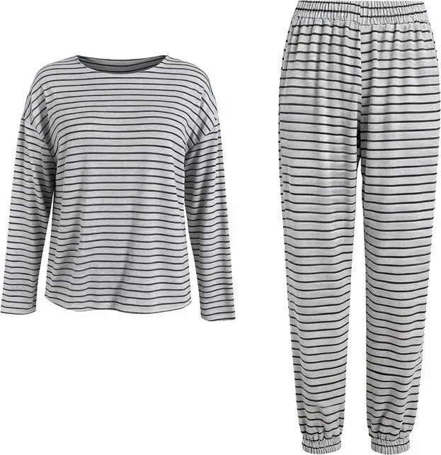 IZURIA Langarm-Oberteil und Hose mit Rundhalsausschnitt, gestreift, dunkelgrau, Größe L
