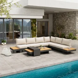 Loungegarnitur-Set Amaia Creme Holz/Metall/Textil + Abdeckung