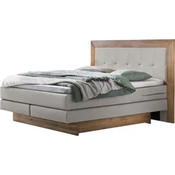Boxspringbett HASENA "Texas", grau (grau, wildeiche natur), B:164cm L:206cm, Komplettbetten, Boxspringbett, Bettkästen, Massivholz-Umrandung, Tonnentaschen-Federkernmatratze