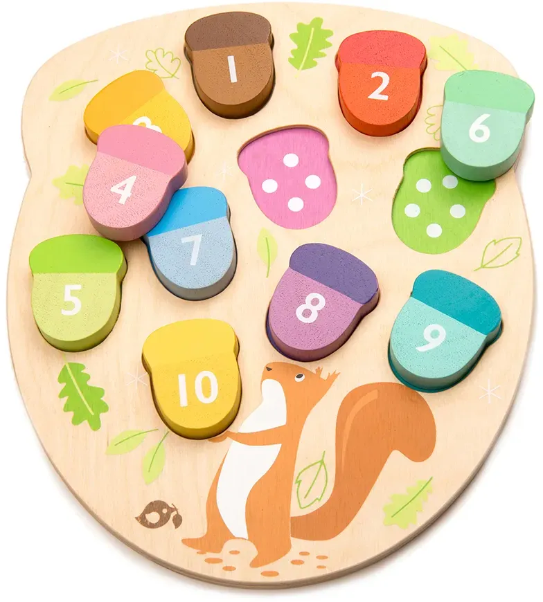 Holzpuzzle Zahlen Eichhörnchen 10 Teile mehrfarbig FSC-Gummibaumholz handbemalt - Tender Leaf - Lernspielzeug ab 18 Monaten