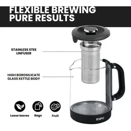 KUPU Wasserkocher mit Temperatureinstellung, 1,6L Wasserkocher Glas, 2200W schnelles Aufheizen, mit Trockengehschutz, Warmhaltefunktion, Auto-Off - Schwarz