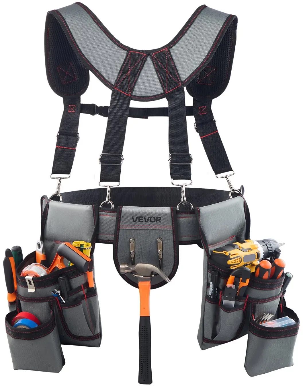 VEVOR Werkzeuggürtel, Handwerkergürtel mit 22 Taschen & Hosenträgernn, Gürteltasche für Elektriker, Schreiner & Bauarbeiter, Schürzenorganizer, Hammerhalter, verstellbar von 810 bis 1730 mm