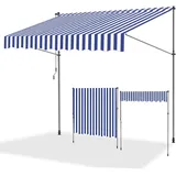 ISOISL Klemmmarkise 350 cm breit, Balkonmarkise mit Handkurbel, UV-beständig, Höhenverstellbar, Sonnenschutz und Wasserdicht Markise Balkon ohne Bohren für Balkon Terrasse Garten(Blau Weiß)