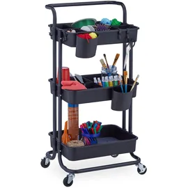 Relaxdays Rollwagen, 3 Etagen, 2 Bremsen, Allzweckwagen für Küche und Büro, Rollregal HBT: 86x43x42 cm, Metall, schwarz