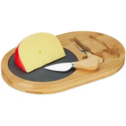 Relaxdays Käsebrett mit Käsemesser Set, Bambus Käseplatte mit Schiefer & Käsebesteck, B x T: 28 x 18 cm, natur/schwarz