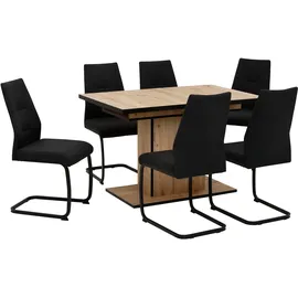 Hela Essgruppe HELA "Ariana, Esstisch mit 6 Stühlen, ausziehbarer Küchentisch", schwarz (artisan eiche, bezug waterfree schwarz, schwarz, schwarz), Einlegeplatte, Bezug Webstoff waterfree, Sitzmöbel-Sets, Essgruppe, Tisch 120-160cm, 6 Stühle mit hoher