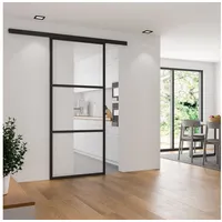 inova wohnen Glasschiebetür klar schwarzer Rahmen Dekorleisten, Komplett Set mit Schienensystem und Softclose schwarz 102.5 cm x 220 cm