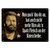 Blechwaren Fabrik Braunschweig GmbH Blechwarenfabrik Braunschweig Bud Spencer Nun guck ihn dir an, hat auch nicht mehr Hirn, als ́n Spatz Fleisch an der Kniescheibe Postkarte aus Blech Mehrfarbig, Maße: 10,5cm x 14,8cm, 302/B003