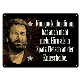 Blechwaren Fabrik Braunschweig GmbH Blechwarenfabrik Braunschweig Bud Spencer Nun guck ihn dir an, hat auch nicht mehr Hirn, als ́n Spatz Fleisch an der Kniescheibe Postkarte aus Blech Mehrfarbig, Maße: 10,5cm x 14,8cm, 302/B003