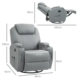 Homcom Relaxsessel mit Massagefunktion Fernsehsessel mit Liegefunktion, Wippfunktion, Drehbar TV-Sessel mit Federsystem, Hellgrau