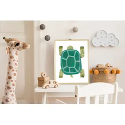 Bild mit Rahmen QUEENCE "Schildkröte", grün (farbe rahmen: natur, braun, beige, farbe bild(er): grün), B:40cm H:50cm T:1,5cm, Plexiglas, Holz, Bilder, HD Premium Posterdruck mit Echtholzrahmen