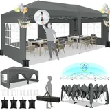 COBIZI Pavillon 3x6m, Faltpavillon 3x6 Wasserdicht Stabil mit 6 Seitenteilen, Zentralverriegelungsstruktu, Pop Up Pavillon Partyzelt Gartenpavillon für Party, Festival, Hochzeit, Anti-UV, Grau