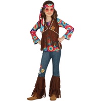 Fiestas GUiRCA Happy Hippie Mädchen Kostüm – 70er Jahre Outfit mit Hippie–Stirnband, buntem Batik Oberteil, Weste und Hose für Mädchen von 7-9 Jahren