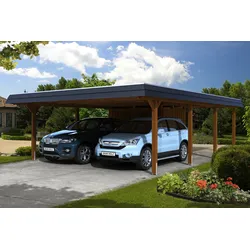 Skan Holz Walmdach Carport 630cm inkl. Abstellraum nussbaum Holzcarport