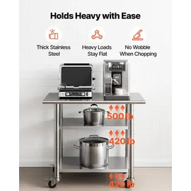 Vevor Gasto Arbeitstisch 915 x 610 x 864 mm, Edelstahltisch mit 3 Ebenen & Rollen & Höhenverstellbaren Ablagen Belastbarkeit Top 227 kg & 2 Unterablagen je 191 kg Vorbereitungstisch für Restaurant