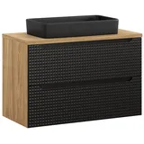 Lomadox Waschtisch LONDON-56-BLACK, inkl. Aufsatzbecken schwarz, Eiche schwarz, 3D-Front, 90cm, grifflos braun|schwarz