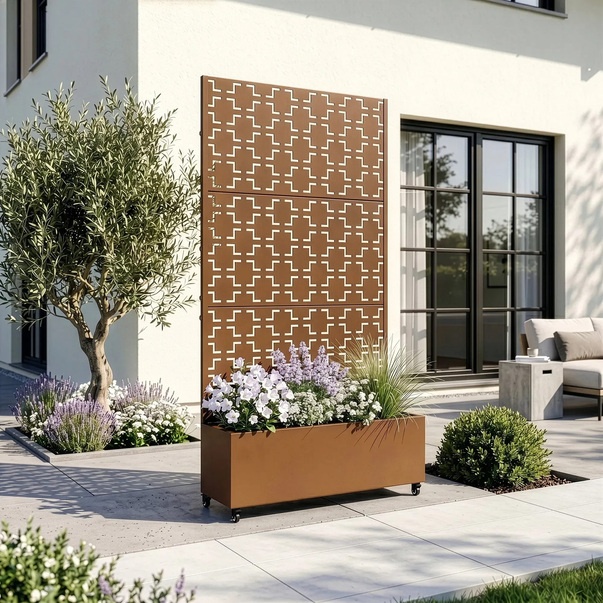 Trennwand Aaskis mit Blumenkasten Stahl 190x82 cm Braun [casa.pro]