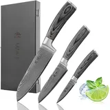 Wakoli Damastmesser Set 3-tlg. 17 cm/12,5 cm/8,5 cm Pakkaholzgriffe Grau