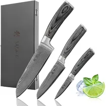 Wakoli Damastmesser Set 3-tlg. 17 cm/12,5 cm/8,5 cm Pakkaholzgriffe Grau