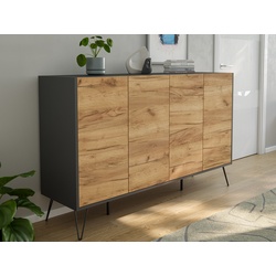 Design Sideboard Kommode Rana 155cm 4 Softclose Türen Grafit/Eiche Front