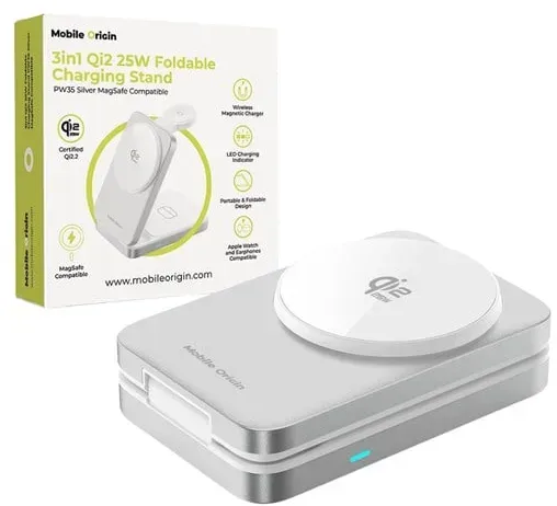 3in1 Qi2 25W Foldable Charging Stand PW35.MagSafe Compatible - Silver