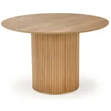 KONSIMO® Esstisch FARA Runder Esszimmertisch, Säulenfuß, bis 4 Personen, Küchentisch, Massivholzbein, Boho-Stil, dekorative Lamellen braun