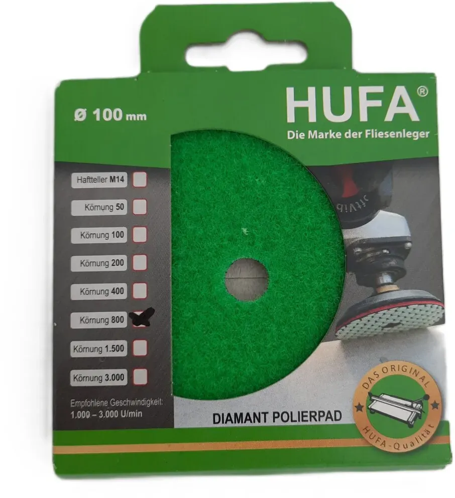Hufa Fliesen Naturstein Diamant Klett Polierpad Ø 100mm Korn 800 grün
