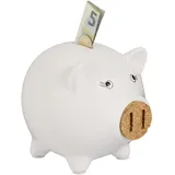 Relaxdays Sparschwein, mit Öffnung, Dolomit, Kork, Spardose Kinder - Erwachsene, Hxbxt: 15,5 x 15,5 x 19 cm, weiß/natur