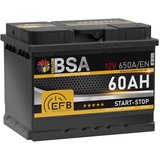 BSA EFB Batterie 60Ah 12V 650A/EN Start Stop Batterie Autobatterie Starterbatterie ersetzt 55Ah