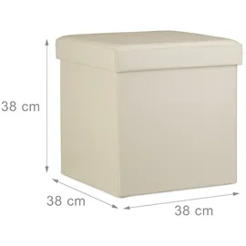 Relaxdays Faltbarer Sitzhocker, Sitzcube mit Stauraum u. Deckel, Fußablage, Sitzwürfel Kunstleder, 38x38x38 cm, creme