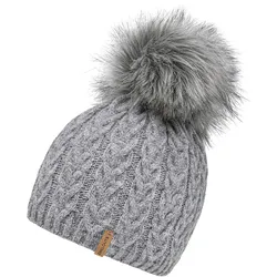 Bommelmütze CHILLOUTS "Tabea Hat", Damen, grau, Feinstrick, Materialmix, unifarben, Zopfmuster, Fellimitat, meliert, feminin,modisch, Mützen, mit abnehmbarem Kunstfell-Bommel