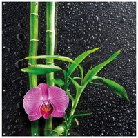 Wallario Sichtschutzzaunmatten Bambus und pinke Orchidee auf schwarzem Glas mit Regentropfen, 2-teilig schwarz 180 cm x 180 cm