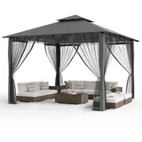 Amopatio Garten Pavillon 3.4x3.4 Wasserdicht Stabil Winterfest, Doppeldach Gartenpavillon mit Moskitonetz, Deluxe Patio Gazebo Wetterfest, Partyzelt Gartenlaube Metall für Pool Seite, Terrasse, Grau