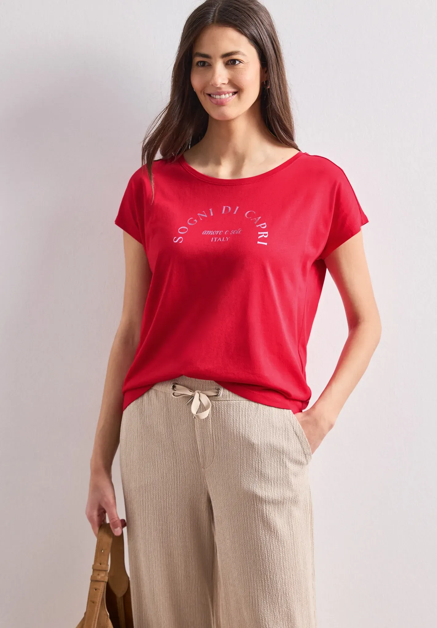Shirttop STREET ONE, Damen, Gr. 44, salsa rot, Jersey, Obermaterial: 50% Baumwolle, 50% Modal, Glitzermuster, bedruckt, normal hüftbedeckend, Rundhals, abgesteppte Kante, Tops Shirttop, Sommershirt mit Wording Artwork