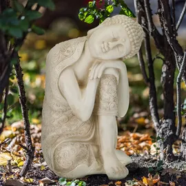 Relaxdays Buddha Figur, 61 cm, wetterfest, frostsicher, Dekobuddha, cremeweiß