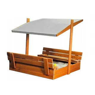 QLS Sandkasten aus Holz mit Sitzbank Dach Abdeckung Imprägniert Sandbox (Grau)