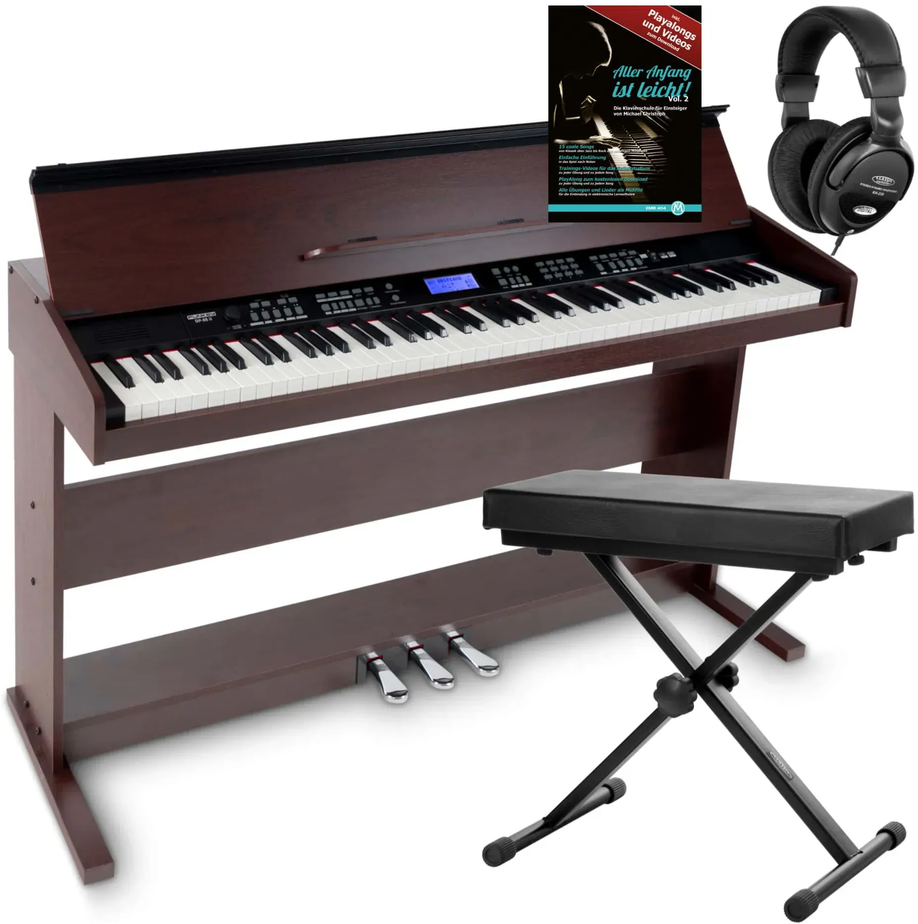 FunKey DP-88 II Digitalpiano braun Set mit Keyboardbank, Kopfhörer und Klavierschule