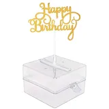 Komdndht Cake Money Box Set, Geldziehende Kuchenform, Kuchen-ATM-Geldbox Aus Kunststoff mit Gold-Glitzerndem Happy-Birthday-Kuchenaufsatz