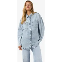 Noisy May Damen Jeansjacke Oversize Denim Übergangsjacke Dropped Shoulder Shacket Bleached Design, Farben:Hellblau, Größe:XS - XS