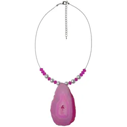 Kette mit Anhänger STEUER "Drahtcollier silberfarben Perlen weiß und Achatscheibe pink", pink, Halsketten, Damen, 58cm, Metall, L: 58cm, glänzend